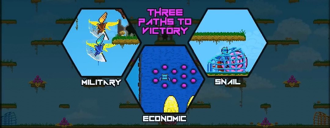 An overlay displays three hexagons, captioned 'Military', 'Economic', and 'Snail'. The hexagons show what each moment of victory looks like.