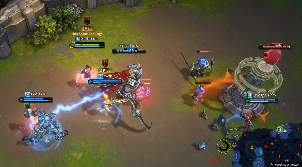 Several masters push with a Fallen Hero. A blue cord of lightning connects the Fallen Hero with one friendly master