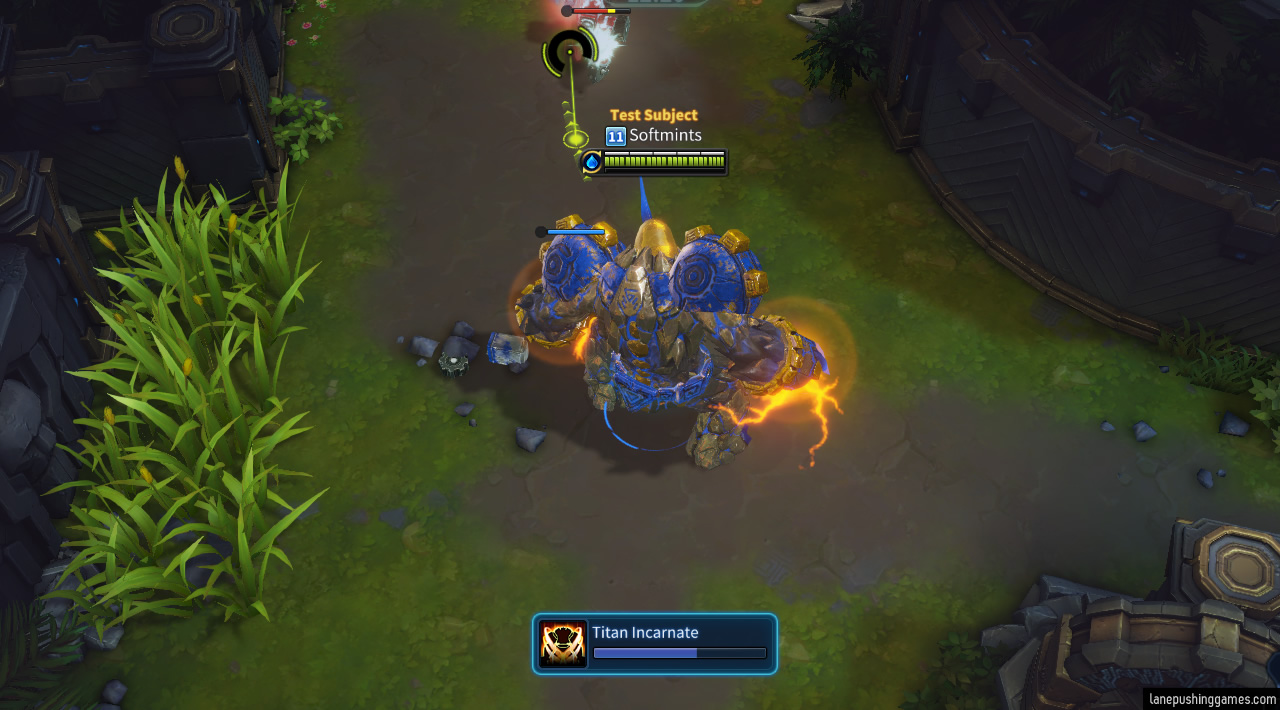 A large gold and blue titan stands on-screen