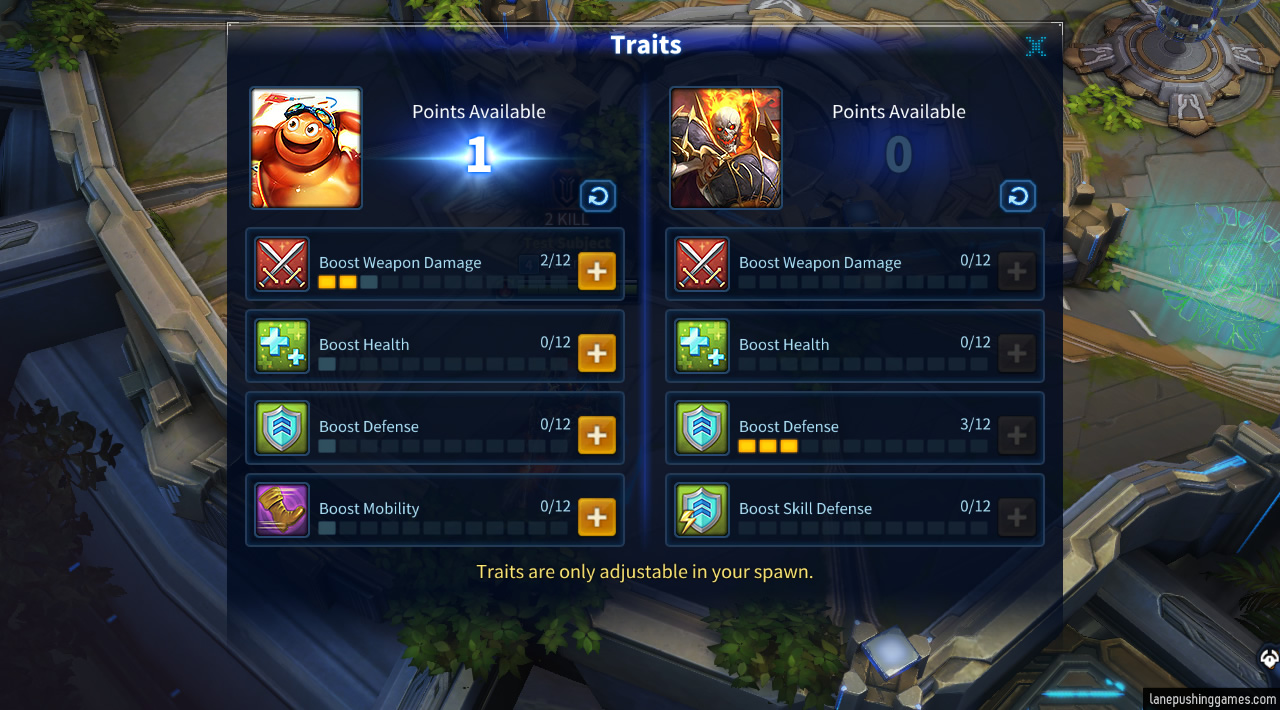 An in-game menu showing two masters and their four (partly distinct) traits, with some points allocated