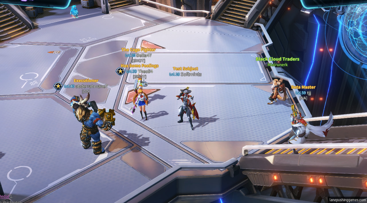 A space pirate stands with some marines in a space station