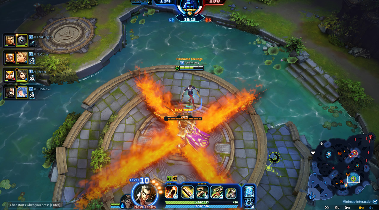 On a raised platform, a large warrior uses an X-shaped fire strike, while a master dodges it