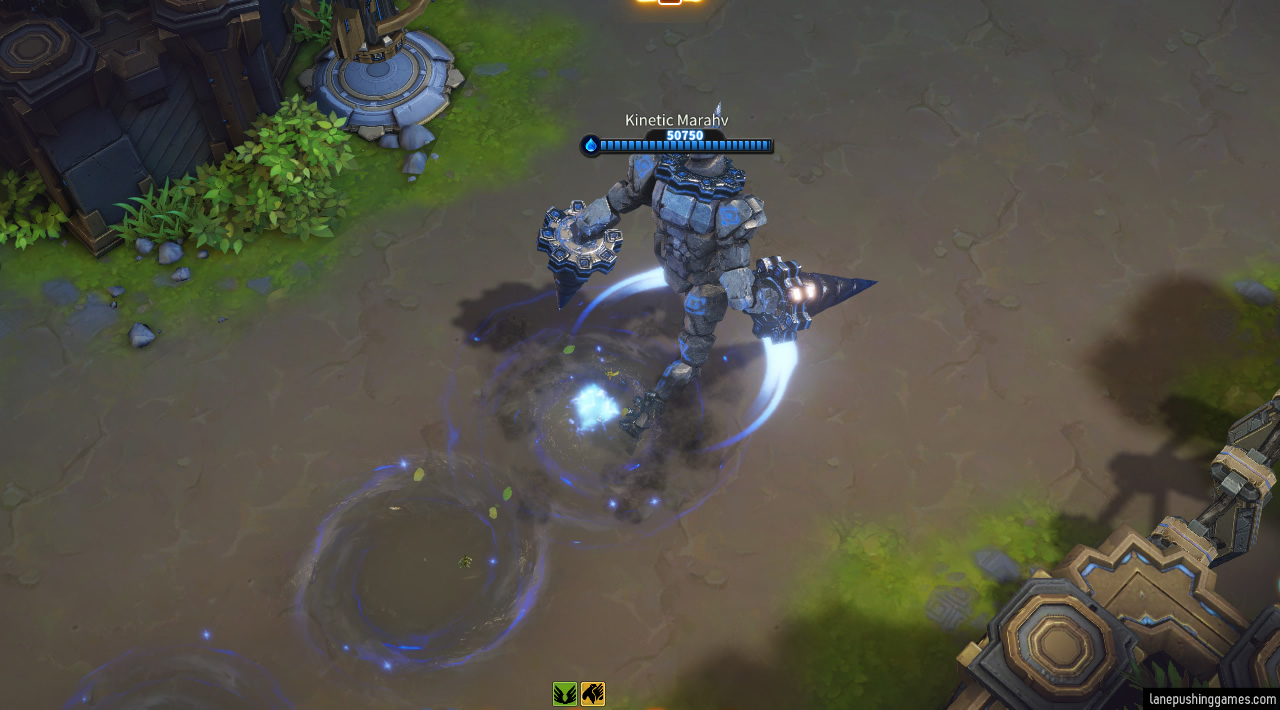 A large thin humanoid with drills for fists strides northeast between some walls. A trail of blue swirly puddles are left in its wake
