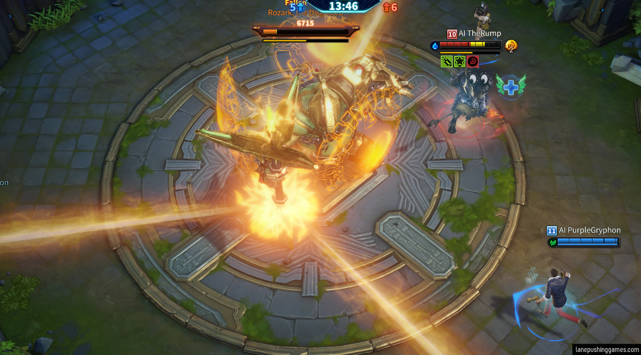 A giant beast surrounded by orange shields has its spear planted in the floor of a circular chamber. Three lasers emerge from the spear to strike at the walls, while two opposing masters run around trying to fight each other