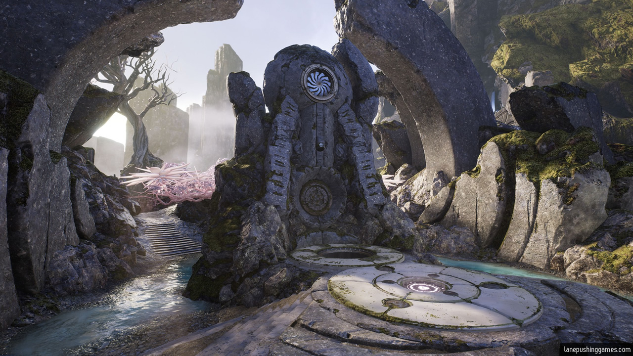 A freestanding stone altar-like structure has a small circular hole on the ground in front of it. A little further forward is a circular platform for heroes to stand on 