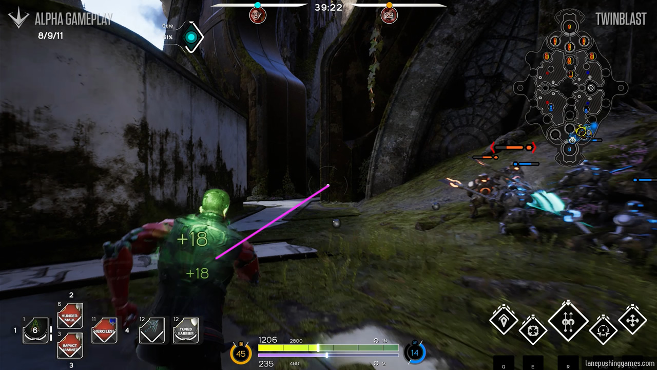 A ranged hero is on the move, and a pink line is drawn between the hero and the targeting reticle at the center of the screen