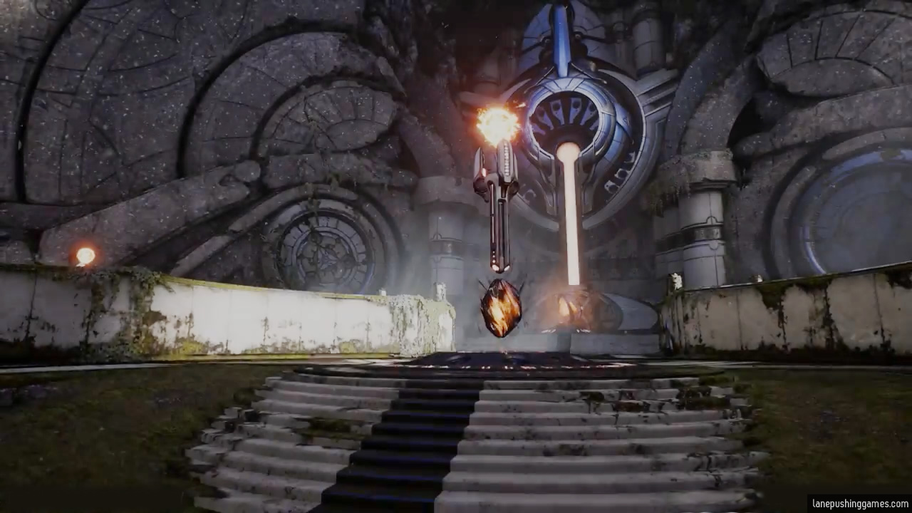 A glowing orange crystal sits atop a circle carved into the ground. A tall thin tower with glowing orange orb at the top floats immediately above the crystal