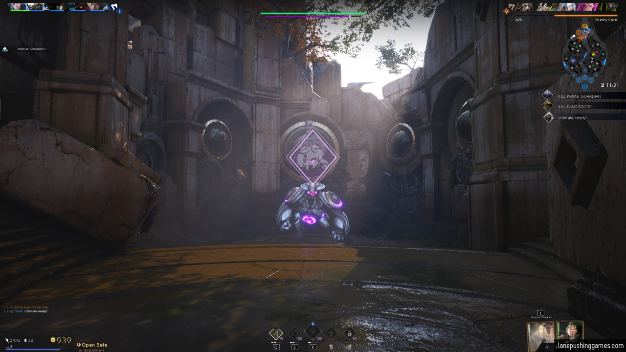A hulking purple and silver creature sits menacingly in a stone cloister