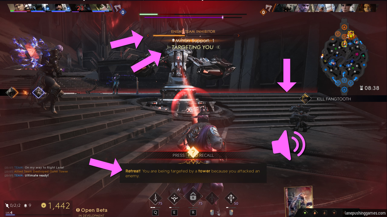 The active hero is almost dead and taking fire from a tower. Various UI elements are highlighted with pink arrows for being relevant