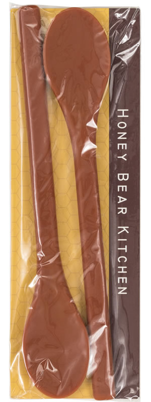 A pair of long-handled stirs packaged with a honeycomb print and branding