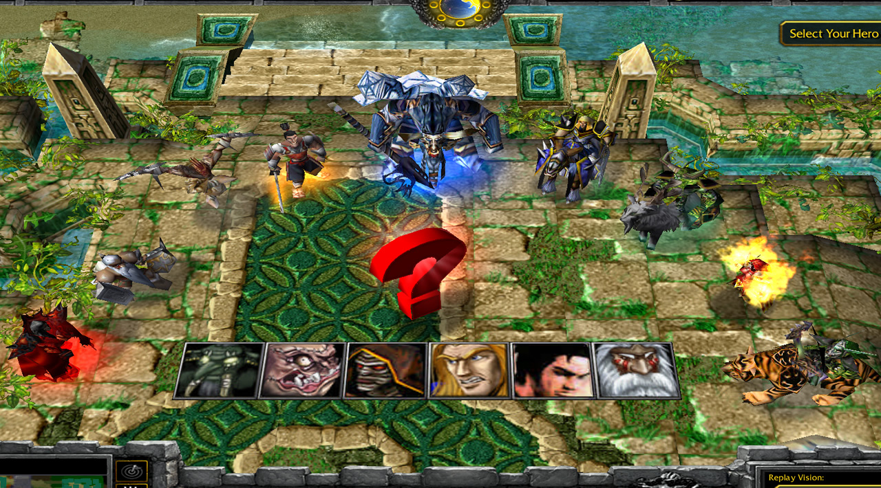 Nine heroes are presented in a semicircle, all with custom skins