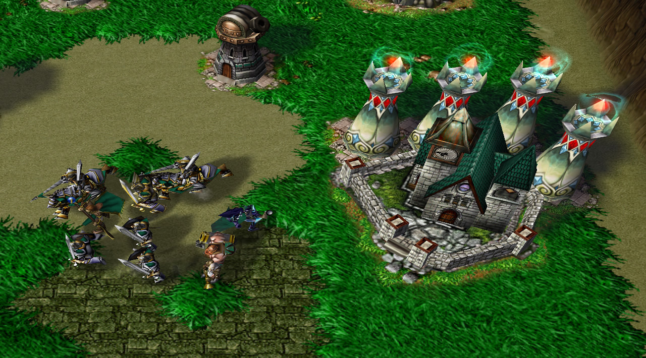 A stone Keep in one team's base has four tall elven-themed towers behind it, while a large wave of troops including mortar teams and knights disembarks the Keep for combat