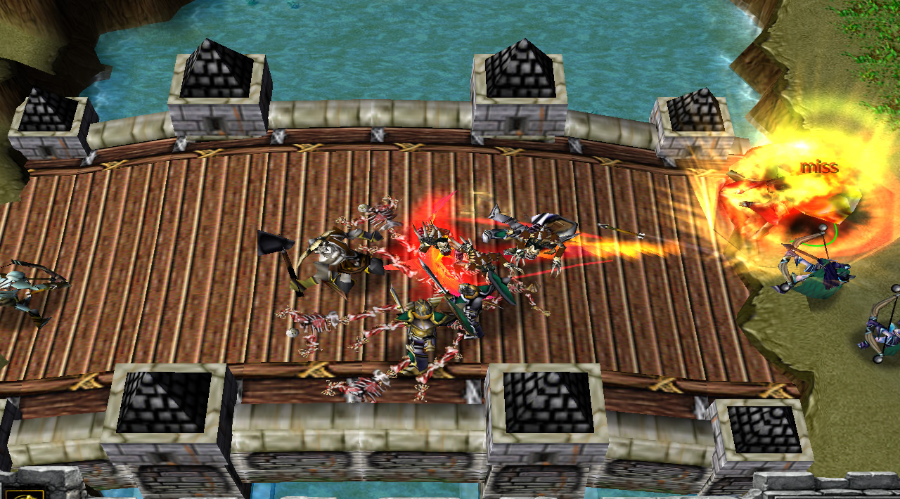 A fiery hero uses a shockwave ability against troops on a wooden bridge