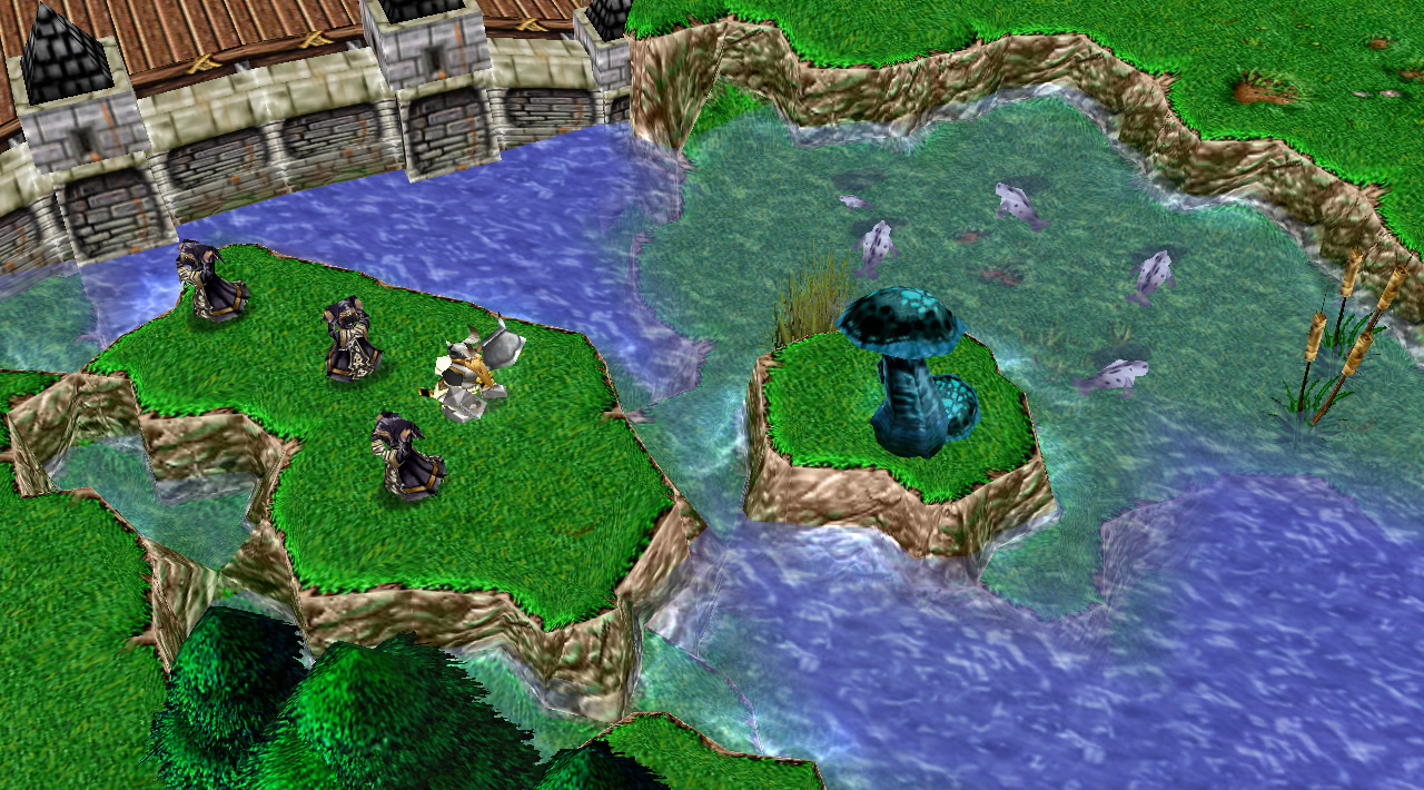 Several units stand around on isolated islands
