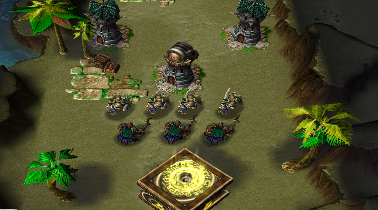 A small army of soldiers stands in front of a glowing yellow box