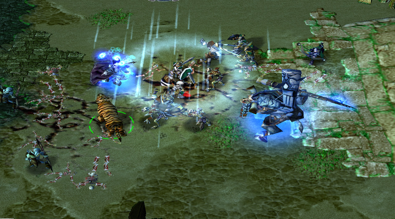 A large blue tauren hero faces a shimmering blue wizard on-lane. A tiger moves to attack the wizard, and has Warcraft III's special "shared control" selection circle beneath it