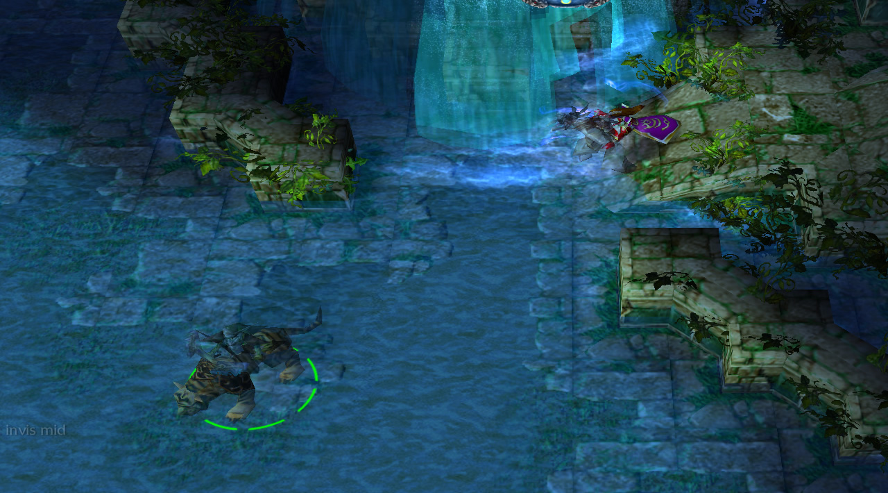A hero riding a tiger is in the water, and has been turned invisible by a nearby sorceress