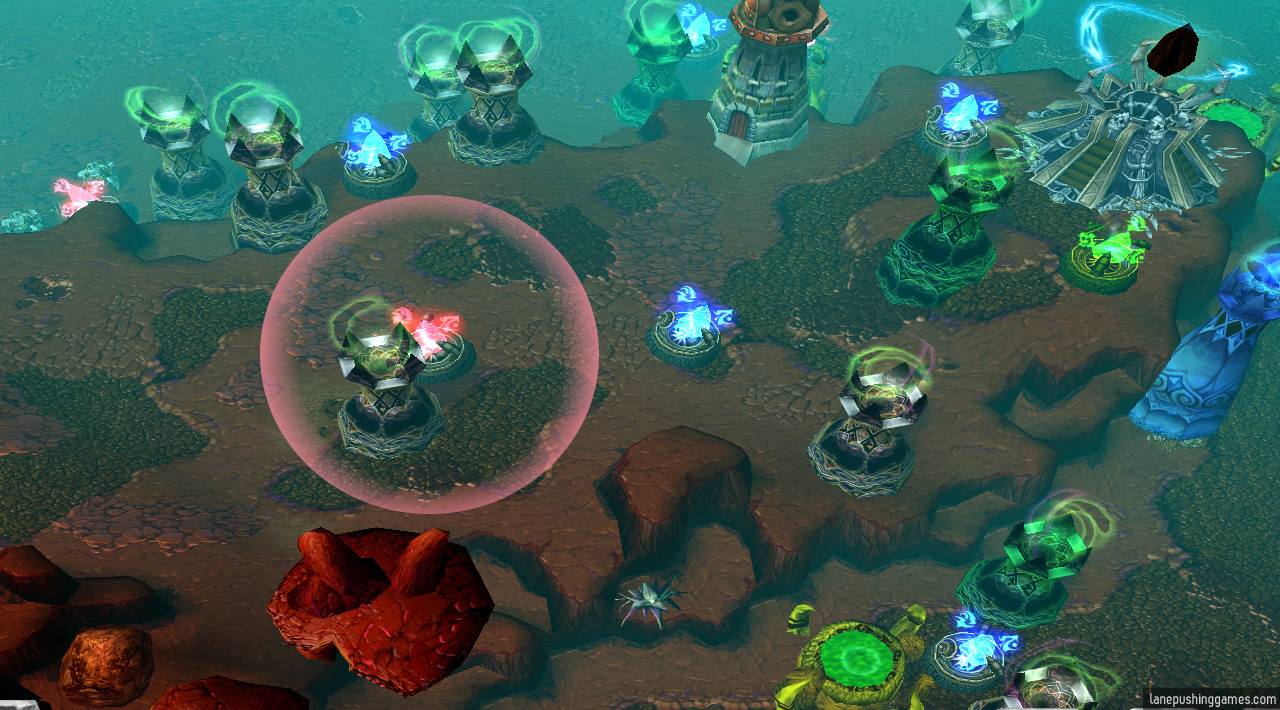 A cliff peppered with towers and generators has one generator highlit, with a circle showing its (very limited) radius of effect.