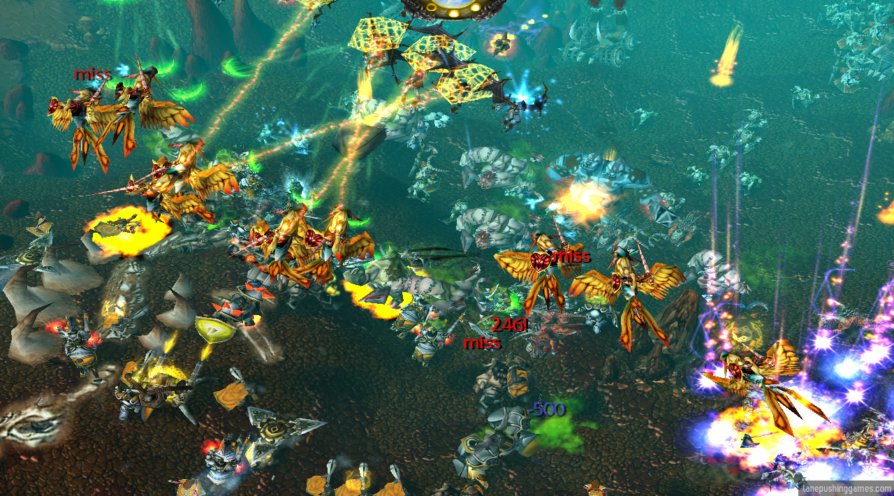 Over 100 troops, including air units and catapults collide on a wide lane