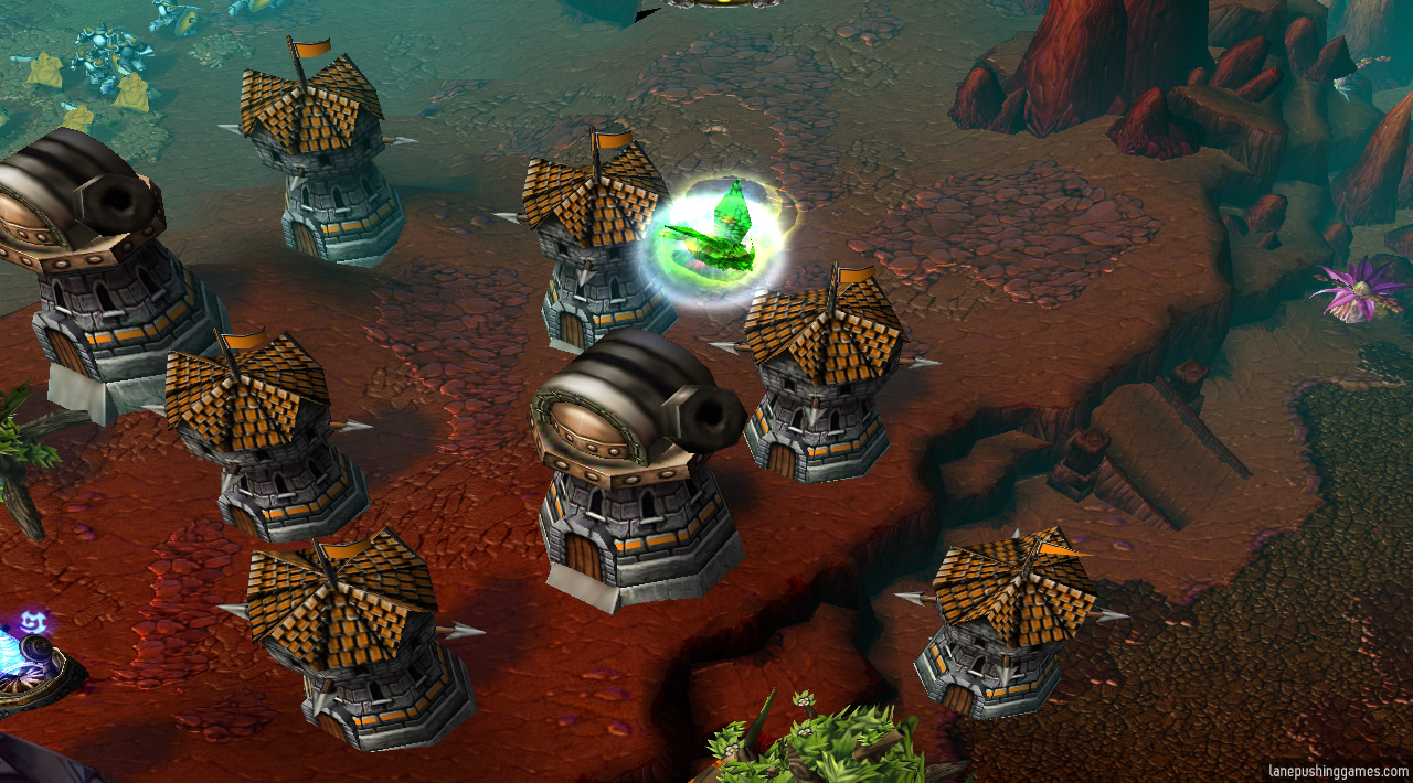 A green owl is flying over some friendly towers