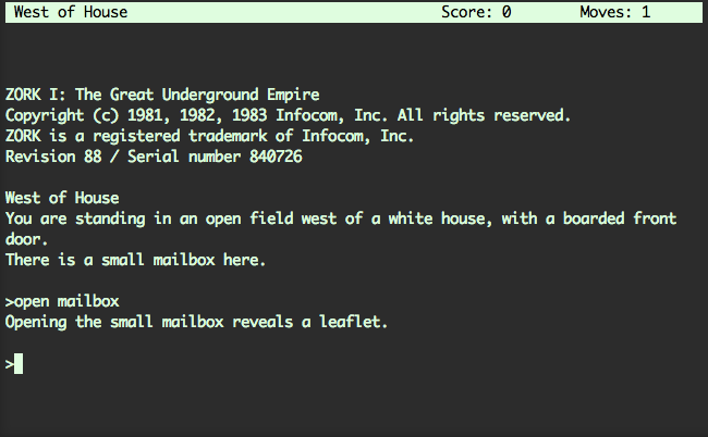 Screenshot of Zork, a text based adventure in a console window. It shows some basic opening dialogue